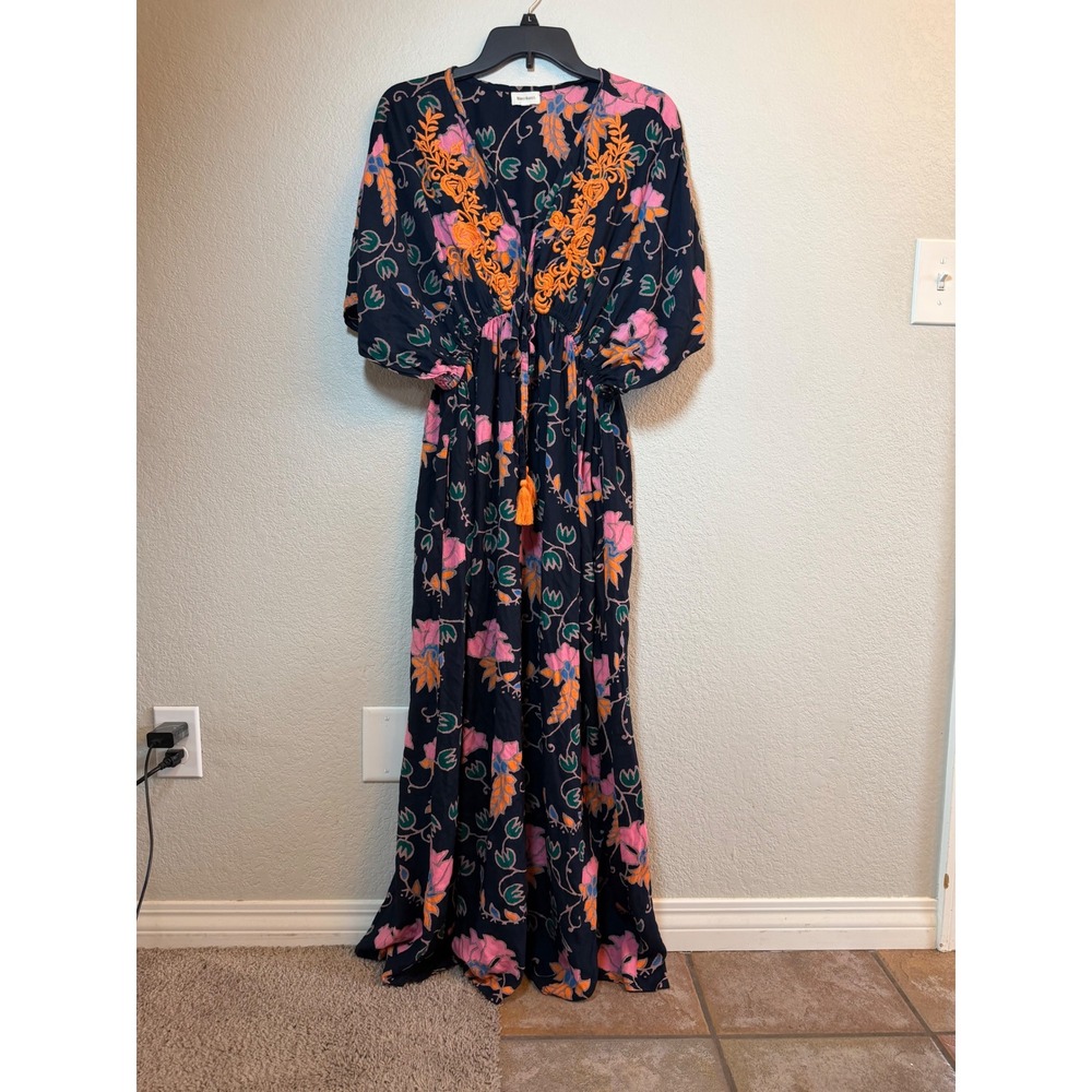 World Market Navy Floral Embroidered Maxi Dress L/XL Boho Tassel V-Neck Viscose